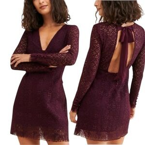 🌻NEW NWOT Free People Honey Honey Lace Long Sleeve Burgundy Minidress Size 2